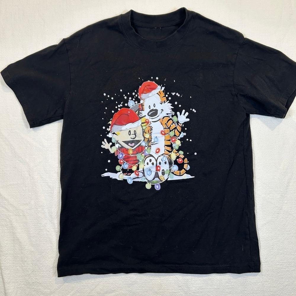 Calvin and Hobbes Christmas Lights Graphic T-Shirt Black Cotton XS/XL
